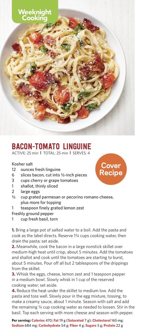 Bacon tomato linguine Tomato Linguine, Linguine Recipes, Linguine Pasta, Cooking Bacon, Bacon Tomato, Low Cal Recipes, Dinner Entrees, Tasty Pasta, Perfect Pasta