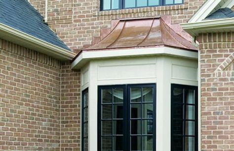 Bay Window Covers | Cypress Metals Bay Window With Copper Roof, Two Bay Windows Exterior, Metal Roof Over Bay Window, Boxed Bay Window Exterior, Stone Bay Window Exterior, Metal Awnings For Windows, Bay Bow Windows, Dormer Roof, Metal Awning