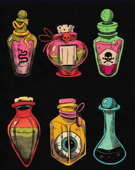 Halloween Potion Bottles, Bottle Drawing, Halloween Potions, Lino Art, Procreate Ipad Art, Potion Bottles, Halloween Tattoos, Potion Bottle, Flash Art