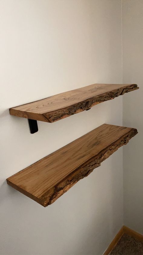 Wooden Floating Shelves Bedroom, Wood Plank Book Shelf, Bark Shelves, Burned Wood Finish Shelves, Floating Shelves Log Cabin, Wooden Wall Shelf Rustic, Wood Shelf Diy, Tree Branch Crafts Wall Shelves, Pine And Rope Corner Shelves