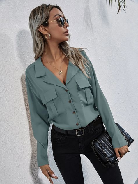 Lapel Collar Flap Pocket Button Front Blouse | SHEIN USA Gifts For Female Friends, Plain Shirt, Green Button, Plain Shirts, Pocket Shirt, Chiffon Shirt, Trendy Fashion Women, Color Khaki, Lapel Collar