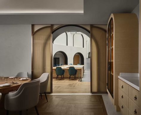 Sliding Arch Doors, Sliding Door For Arched Doorway, Arched Sliding Door, Arch Sliding Door, Arch Panel Door, Kitchen Feature Wall, Custom Sliding Doors, Gray Mirror, Arched Doors