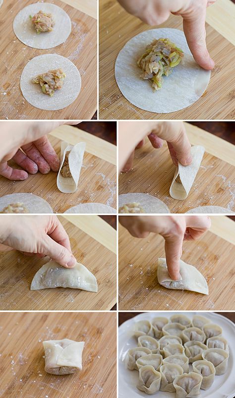 Assembling the dumplings Chicken Dumpling, Pork Dumplings, Dim Sum Recipes, Wonton Recipes, Pork Dumpling, Chinese Recipe, Homemade Dumplings, Chinese Dumplings, Japanese Recipes