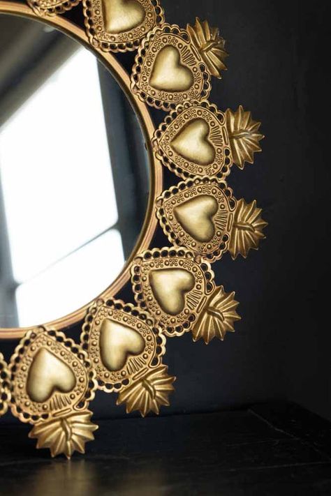 Gold Milagro Heart Mirror | Rockett St George Creative Mirror Frame Ideas Diy, Kitchen Walls Decorating Ideas, Decorate Mirror, Wall Of Mirrors, Rounded Wall, Gold Frame Mirror, Milagro Heart, Gold Framed Mirror, Decor Mirror