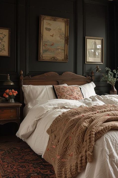 Sultry Room Aesthetic, Moody French Provincial Bedroom, French Provincial Moody Bedroom, Moody Primary Bedroom, Moody Bedroom Blankets, Moody Bedroom Wood Bed, Dark Wood Victorian Bedroom, French Provincial Bedroom, Master Victorian Bedroom Ideas