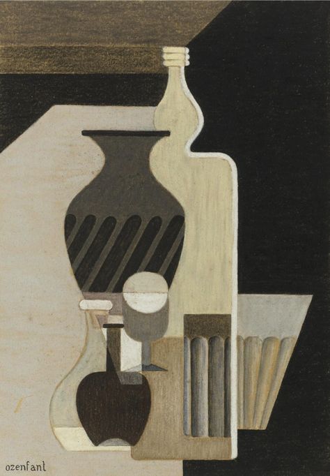 Amédée Ozenfant (French, 1886-1966), Nature morte à la bouteille [Still life with bottle], c.1924. Pastel on paper, 32.69 x 23.16 cm. Cubism Art, Collage Techniques, Still Life Art, Mid Century Art, Global Art, Cubism, Art Market, Art Moderne, Geometric Art