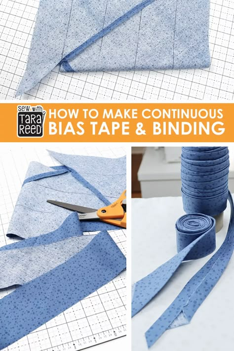 How To Make Bias Tape Or Binding In One Continuous Strip! When working with curves you need binding or tape cut on the bias - learn how easy it is to make bias tape from the fabric of your choice. Easy Bias Tape How To Make, How To Cut Bias Binding Strips, How To Make Bias Tape From Fabric, Bias Tape Diy, Bias Tape Tutorial, Bias Tape Binding, Make Bias Tape, Teaching Sewing, Sewing Supplies Storage