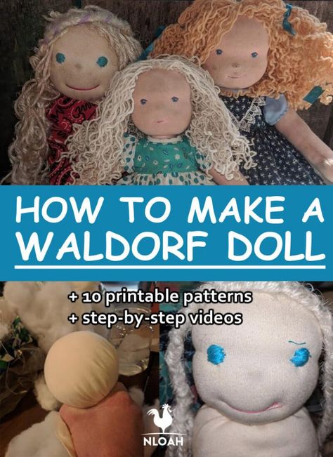 Why spend hundreds of dollars on a Waldorf doll when you can make your own? We show you how to do it step by step, also on video, and we even give you some free printables to use. Handmade Dolls Patterns Free, Monster Dolls Pattern Free Printable, Tilda Doll Patterns Free Printable, Rag Doll Pattern Free Printable, Fabric Doll Patterns Free Printable, Handmade Dolls Diy, Waldorf Doll Tutorial, Waldorf Baby, Waldorf Dolls Clothes