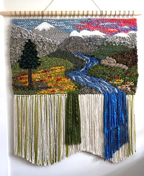 Hand Woven Mountain Meadow Scenic Tapestry Large Wall Hanging - Etsy UK Crochet Mountain, Contemporary Tapestries, Mountain Meadow, Mountain Tapestry, Large Wall Hanging, Spin Art, Cat Hammock, Lint Roller, Weaving Projects