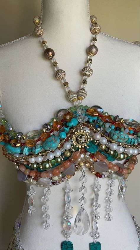 clothes , custom clothes , beads ,beaded jewelry , fashion , festival , angelic , fairy , jewelry , going out , outfit inspo crystals and stones Crochet Top With Crystals, Beaded Bralette Outfit, Crystal Top Outfit, Goddess Core Outfit, Beaded Tops Diy, Pearl Rave Outfit, Bead Top Diy, Beaded Bra Outfit, Fairy Inspo Outfit