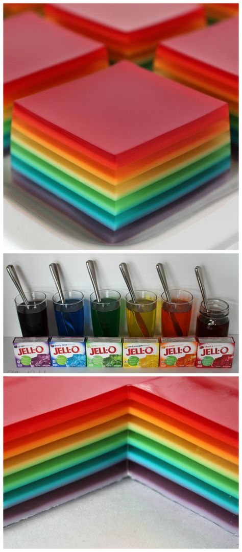 Rainbow jello jigglers for st. Patrick's day! Such a cute treat for kids. Jello Jigglers, Rainbow Jello, Kuih Lapis, Layered Jello, Food Beautiful, Jello Desserts, Kids Rainbow, Jello Recipes, Rainbow Food