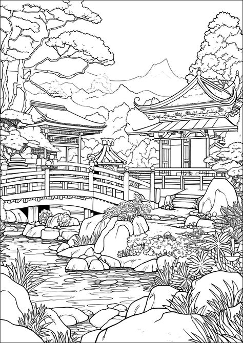 Joli jardin japonais. Japan Coloring Pages for Adults. Just Color : Coloring Pages for Adults & Kids Coloring Pages Japanese, Japanese Coloring Pages, Japan Coloring Pages, Ancient Greece Mythology, Pichu Pokemon, Egypt Hieroglyphics, Tibet Art, Pop Art Tattoos, Manga Coloring Book