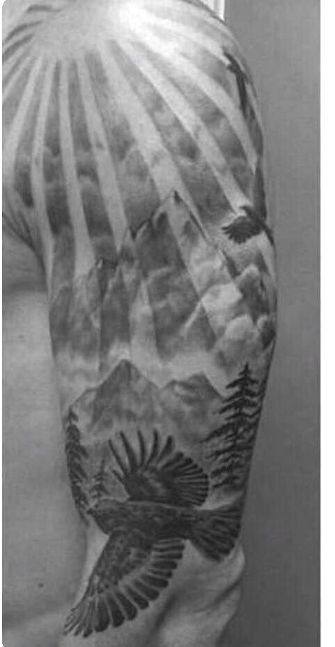 Sun And Clouds Tattoo Sleeve, Nature Shoulder Tattoo Men, Sun Through Clouds Tattoo, Sun Rays Tattoo Shoulder, Sun Tattoo Men Shoulder, Cloud Tattoo Sleeve Heavens, Cloud Tattoo Shoulder, Mountain Tattoo Shoulder, Sun Sleeve Tattoo