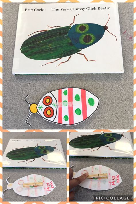 The Very Clumsy Click Beetle activity.  Draw Beetle outline. Have kids decorate and cut out. Glue clothespin to back. Make it "Click" and you can hang it from things! Click Beetle Craft Eric Carle, Beetle Activities For Preschool, Beetle Crafts Preschool, Beetle Outline, Beetle Craft, Insect Preschool, Orange Classroom, Bugs Crafts, Click Beetle