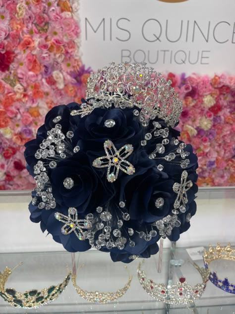 Quinceanera Themes Starry Nights Midnight Blue, Navy Blue Quince Bouquet, Navy Blue Quince Cake, Midnight Theme Quinceanera, Navy Blue Quinceanera Theme, Quinceañera Themes Ideas, Midnight Blue Quinceanera Theme, Midnight Blue Quince, Dark Blue Quinceanera Theme