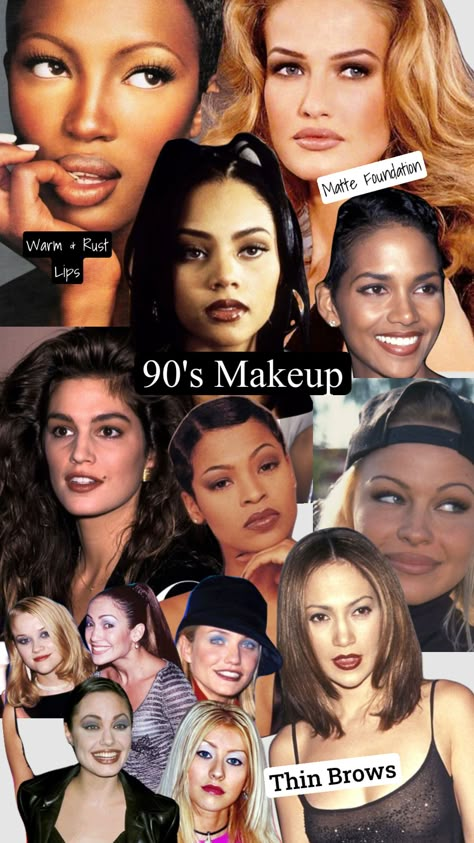 Celebrity In The 90s, 90s Beauty Trends, Throwback Makeup Looks, 90 Supermodels Makeup, 90s Makeup Party, 90 Makeup Look, 90s Club Makeup, 90s Hair Makeup, 90's Makeup Ideas