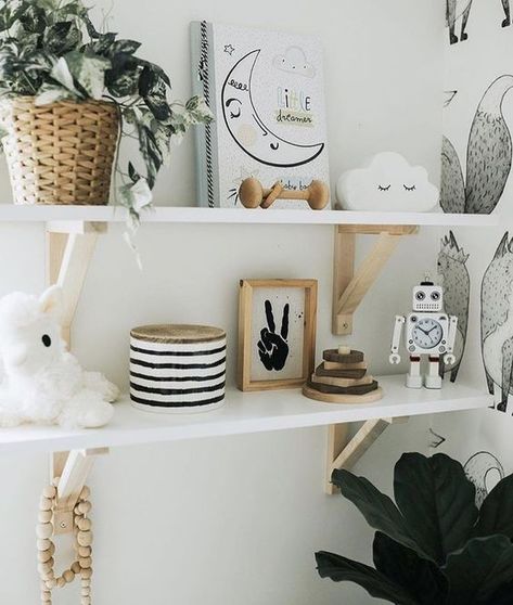 35 Nursery Shelf Decor Ideas & Styling Tips | momooze Diy Nursery Shelf, Nursery Shelf Styling, Nursery Inspiration Boy, Nursery Shelf Decor, Shelf Decor Ideas, Wooden Rattle, Nursery Shelf, Nursery Trends, Wood Nursery