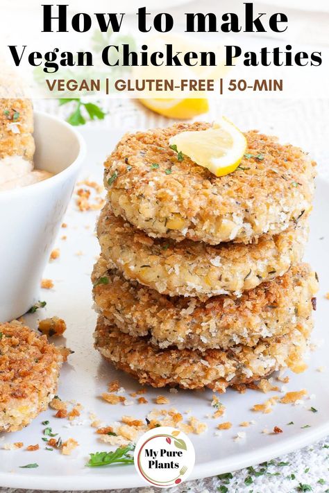 Everyone will enjoy these delicious vegan chicken patties may they be dipped into remoulade sauce or added to burgers, sliders, or sandwiches. They have a crispy crust seasoned with herbs and a flavorful crumble texture inside. They are absolutely delectable not to mention unnoticeable gluten-free. Vegan Burger Patties, Chicken Patty Recipes, Vegetarian Patty, Vegan Meat Recipe, Vegan Patties, Tofu Chicken, Chickpea Patties, Veggie Patties, Vegetarian Chicken