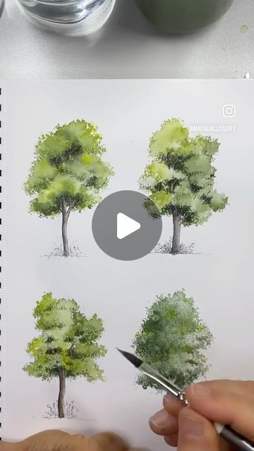 Watercolor Tree Step By Step, Trees In Watercolour, Watercolour Trees Tutorials, Tree Drawing Watercolor, Watercolor Trees Tutorial, Drawings Of Nature, Green Objects, Tree Therapy, Watercolour Tree