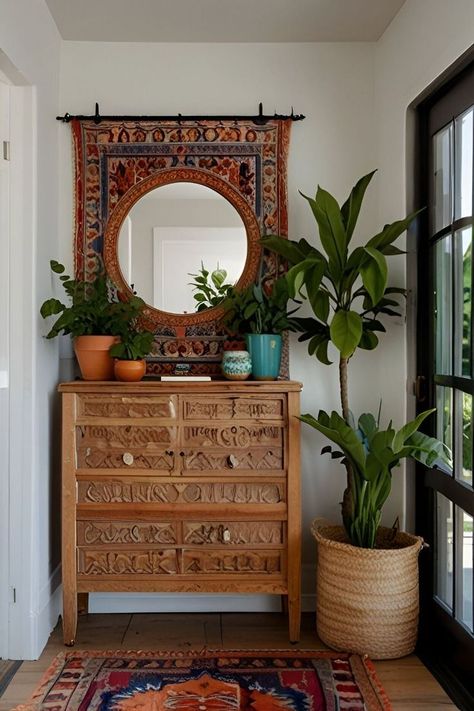 Earthy Entryway Decor, Entryway Decor Eclectic, Southwestern Entryway Ideas, Retro Entryway Ideas, Entryway Dresser Ideas Front Entry, Mexican Entryway Ideas, Boho Shiplap, Entryway Ideas Boho, Entryway In Living Room