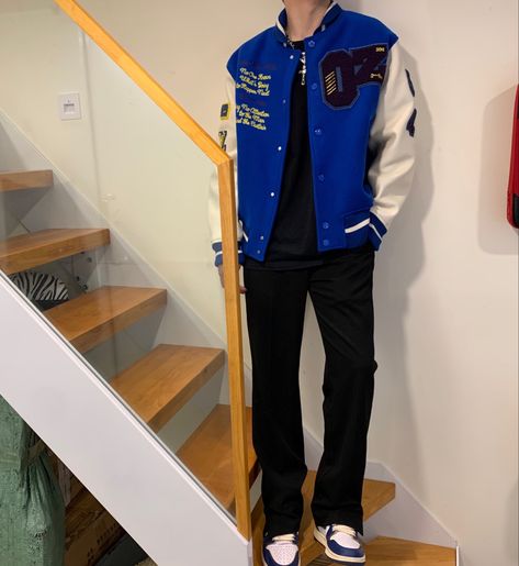 Blue Varsity Jacket Outfit Men, Blue Varsity Jacket Outfit, Men Varsity Jacket, Blue Varsity Jacket, Jacket Outfit Men, Varsity Jacket Outfit, Jordan Low, Spring Fits, Cool Outfits For Men