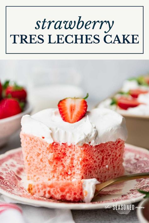 This easy strawberry tres leches cake starts with a box of strawberry cake mix, soaks in a creamy strawberry milk mixture, and includes whipped cream and fresh strawberries on top. A fun, flavorful twist on a classic Mexican dessert! Raspberry Tres Leches Cake, Tres Leches Strawberry Cake, Strawberry Tres Leches Cake Recipe, Strawberry Tres Leches Cake, Strawberry Tres Leches, Easy Burrito Recipe, Cool Whip Frosting, Strawberry Things, Tres Leches Cake Recipe