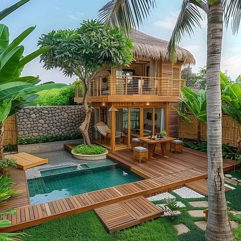 Small Resort Ideas, Bamboo House Design, Small Wooden House, Cottage Style House Plans, Casa Country, Rest House, Resort Design, Beautiful House Plans, Tropical House