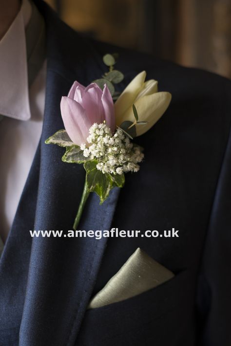 Spring Tulip Buttonhole Tulips Corsage, March Wedding Flowers, Purple White Wedding, Grooms Boutonniere, Small Wedding Bouquets, Wedding Flowers Tulips, Luxury Florists, Tulip Wedding, Colchester Essex