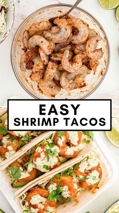 The best ever Shrimp Tacos! Seasoned with taco spices, this shrimp is pan-cooked and served with a zesty cilantro lime dressing. Grab your favorite tortillas and make these easy shrimp tacos for spring weeknight dinners tonight! It’s a great idea for Lent, too! Shrimp Tacos With Slaw, Shrimp Taco Seasoning, Slaw For Shrimp Tacos, Taco Seasoning Easy, Tacos With Slaw, Taco Spices, Easy Shrimp Tacos, Cilantro Lime Shrimp Tacos, Cilantro Shrimp