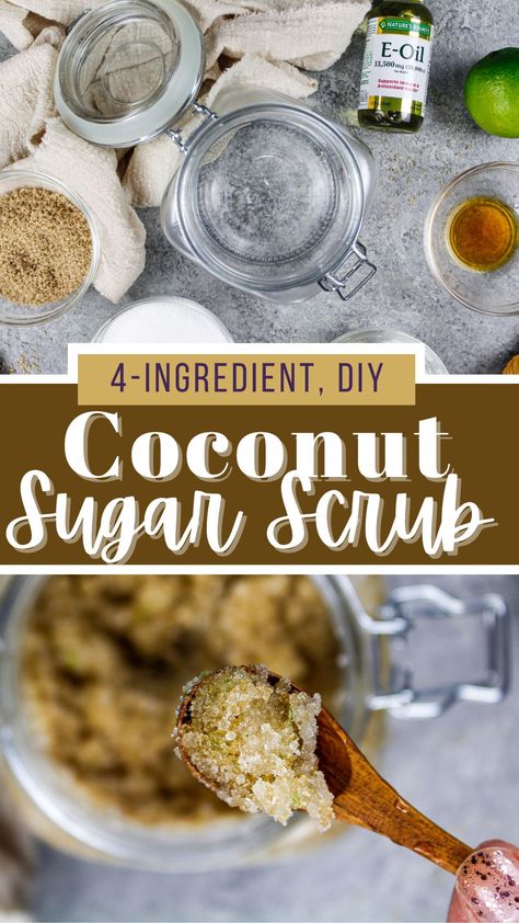 Coconut Sugar Scrub Recipe, Diy Face Scrubs, Crafts For A Rainy Day, Coconut Sugar Scrub, Coconut Oil Sugar Scrub, Coconut Oil Scrub, Coconut Oil Body Scrub, Coconut Scrub, Liquid Coconut Oil