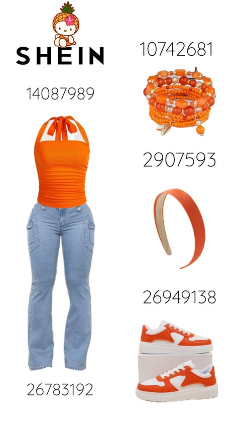 #orange #outfit #clothes #codes #sheincodes #sheinclothes #sheinoutfit #shein Shein Outfit Ideas With Code, Shein Outfit Inspo Codes, Cute Shein Outfits Codes, Shein Inspired Outfits Summer, Shein Codes Outfits, Shein Outfits Codes, Baddie Shein Outfits, Shein Lookbook, Island Vacation Outfits