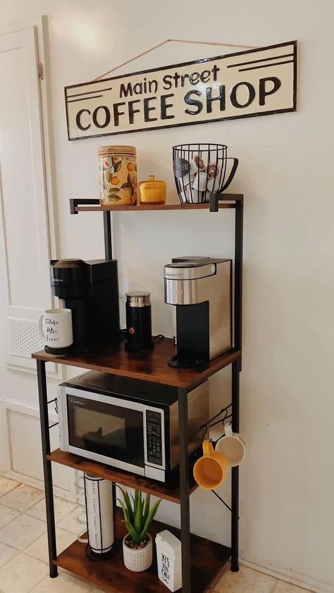 How I set up my at home coffee bar! Link in bio for more :)  #TeaTimeTraditions Bar In Office, At Home Coffee Bar, Coffee Bar At Home, At Home Coffee, Bar At Home, Coffee Shop Coffee, Diy Coffee Bar, Backyard Kids Play Area, Homemade Soda