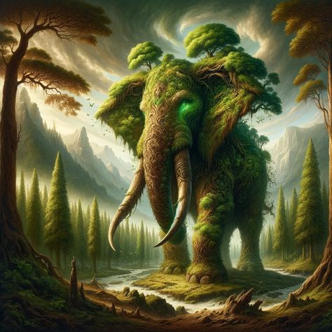 Mythical Creatures Forest, Earth Elemental Fantasy Art, Forest Creatures Mythical, Fantasy Wildlife, Mythical Elephant, Elemental Animals, Fantasy Elephant, Forest Elephant, Mountains Design