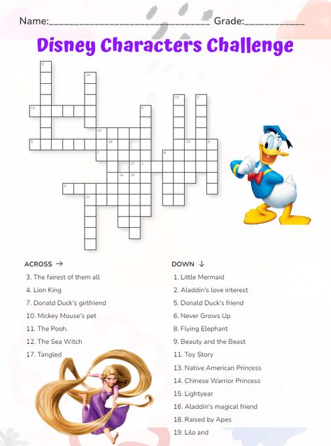 Engage in a fun and interactive crossword puzzle featuring beloved Disney characters in this challenge! #disney #disneycharacters #crossword #puzzles #disneycrosswordpuzzle #worksheets #interactive #printable #backtoschool Disney Worksheets, Letras Disney, Disney Puzzles, Disney Printables, Printable Puzzles, Crossword Puzzles, Disney Theme, Crossword Puzzle, Puzzles For Kids