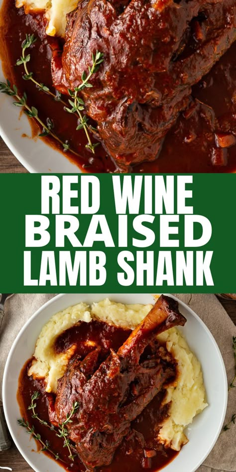 lamb shank recipe Wine Braised Lamb Shanks, Best Lamb Shank Recipe Slow Cooker, Lamb Leg Shank Recipe, Gourmet Meat Recipes, Red Wine Braised Leg Of Lamb, Braised Lamb Recipes, Lamb Shank Osso Bucco Recipe, Thanksgiving Lamb Recipes, Classy Dinner Ideas