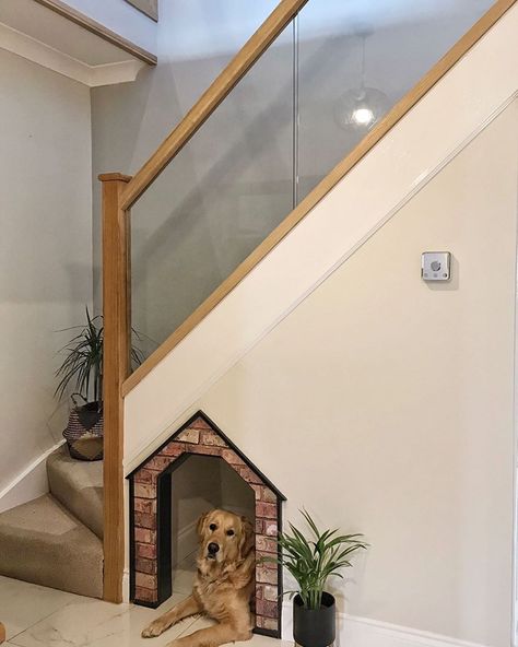 Dog bedroom under stairs | Dog cave Dog Bedroom Under Stairs, Hall Floor Tiles, Dog Bedroom Ideas, Stair Cupboard, Dog Bedroom Decor, Ideas Under Stairs, Bed Under Stairs, Under Stairs Dog House, Dog Den