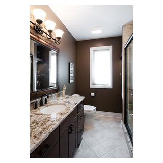 Project designed and built by DESIGNfirst Builders of Itasca, Illinois. Photography by Anne Klemmer. Dark Brown Bathroom, Brown Tile Bathroom, Brown Bathroom Ideas, Dark Brown Cabinets, Painting Bathroom Cabinets, Brown Bathroom Decor, Dark Bathrooms, Large Bathroom, Brown Cabinets