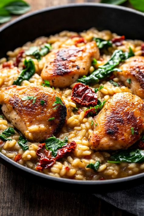 Indulge in the ultimate comfort food with this creamy and flavorful chicken risotto recipe. Made with tender chicken, Arborio rice, and a blend of savory seasonings, this dish is perfect for a cozy night in or a special dinner occasion. Whether you're cooking for your family or hosting a dinner party, this chicken risotto is sure to impress everyone at the table. Treat yourself to a luxurious dining experience without spending hours in the kitchen - try making this delicious recipe today! Meat Risotto Recipes, Chicken Risotto Crockpot, Chicken With Risotto Dinners, Rissoto Chicken Recipes, Rosoto Recipes Dinners, Christmas Risotto, Winter Risotto, Slow Cooker Risotto, Chicken Risotto Recipe