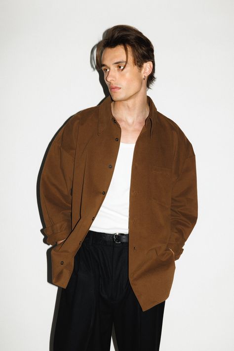 Del Rey Oversized Shirt | Chocolate Brown Over Shirt Outfit Men, Men Oversized Button Down Outfit, Men Date Outfit, Brown Button Down Shirt Outfit, Brown Long Sleeve Outfit Men, Brown T Shirt Outfit, Brown Shirt Outfit Men, Brown Relaxed Fit Streetwear Shirt, Brown Shirt Outfit