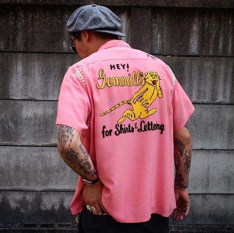 Pink Retro Shirt, Bowling Shirt Aesthetic, Pre-shrunk Pink Retro Shirt, Men’s Bowling Shirt Outfit, 50s Bowling Shirt, Thrifting Ideas, Photoshoot Moodboard, Bowling Shirt, Merch Ideas