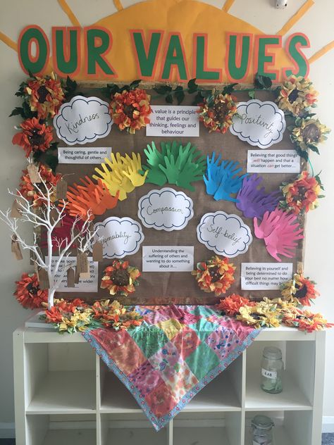 Natural Displays Classroom, Primary School Entrance Ideas, Class Values Display, Classroom Values Display, School Values Display Board, School Entrance Display, Core Values Bulletin Board Ideas, Nursery Board Ideas Classroom Displays, Nursery Entrance Ideas Eyfs