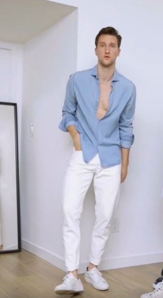 Blue Shirt White Pants Outfit Men, Outfit Celeste, Blue Shirt Outfit Men, Blue Trousers Outfit, Casual Shirts Outfit, Mens Formal Outfits, Chinese Collar Shirt, Baby Blue Outfit, Loose Cotton Pants