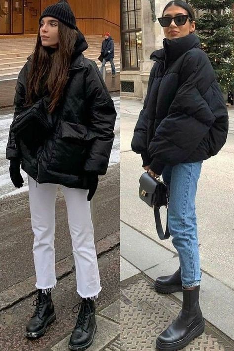 Stylish Puffer Jacket Outfit, Tall Chelsea Boots Outfit Women, Oversize Puffer Jacket Outfit, Puffer Jacket Women Outfits, Winter Outfits Cold Freezing Europe, Black Winter Jacket Outfit, Hooded Puffer Jacket Outfit, Black Down Jacket Outfit, Oversized Puffer Vest Outfit