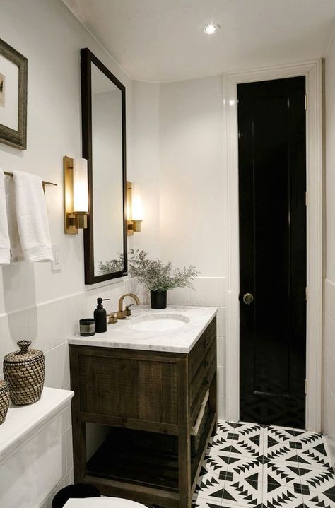 breathtaking in black and white | Greige Design - Blog | Bloglovin’ Aztec Bathroom, Greige Design, Cement Tile Shop, Narrow Bathroom, Bathroom Photos, Basement Bathroom, Tile Flooring, Decoration Inspiration, Bathroom Renos