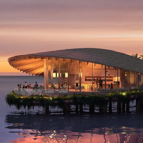 Kengo Kuma and Associates and Foster + Partners are designing a tourism development on an archipelago of Saudi Arabian islands within the Red Sea. Pavillion Architecture, Red Sea Project, Architectural Concept, Floating Restaurant, Wooden Hut, Resort Architecture, Tourism Development, Bamboo Architecture, Airport Design