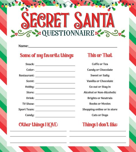 Free Secret Santa Questionnaire Pdf, Free Printable Secret Santa Questionnaire For Coworkers, Free Christmas Wish List Printable, Secret Santa Questionnaire For Coworkers Free Printable Free, Free Printable Secret Santa Wish List, Secret Santa Questionnaire For Coworkers Free Printable, Sibling Activities, Christmas Questionnaire, Secret Santa Questionnaire For Coworkers