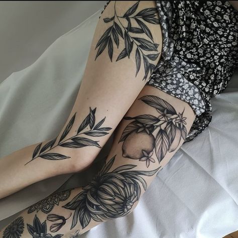 Lemon Tattoo, Knee Tattoos, Symmetrical Tattoo, Botanical Tattoo, Knee Tattoo, Tattoo Magazines, Leg Tattoo, Time Tattoos, Nature Tattoos