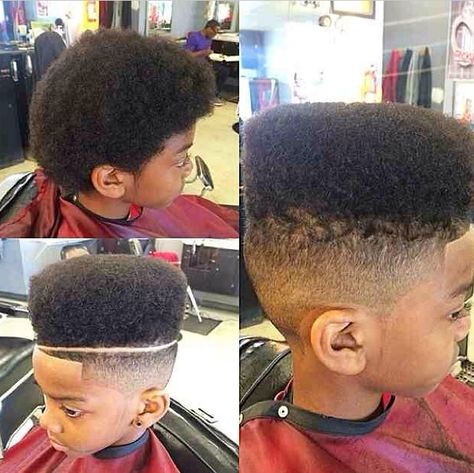 Hightop fade with part. Hard for a little man to keep up. Bu great hair cut Black Boys Haircuts, Pompadour Style, Barbers Cut, Black Men Haircuts, Boy Cuts, Black Men Hairstyles, Mens Cuts