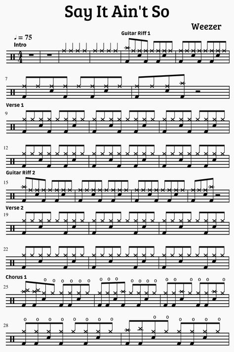 Say It Ain't So - Weezer - Drum songs sheet music - Yanick Drums Drumming Sheet Music, Drum Notes Sheet Music, Drum Sheet Music Songs, How To Read Drum Sheet Music, Drums Sheet Music, Easy Drum Songs, Drums Songs, Drum Music Sheet, Drum Songs