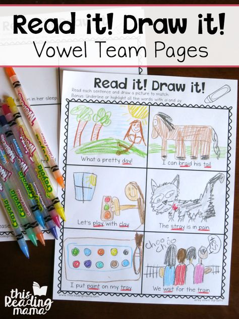 These vowel team read and draw pages are the perfect fit for kids who love to draw. My 1st grader draws on everything. Any printable activity I create for her ends up with drawings all over it. So, I knew that I needed to create some pages for her that allowed her to get it all … Reading Art Activities, Read To Self Activities, Vowel Team Worksheets Free Printable, Vowel Teams Activities Free, Vowel Intensive Activities, Read And Draw Worksheets Free Printable, Read And Draw Worksheets, Vowel Team Worksheets, Vowel Teams Activities